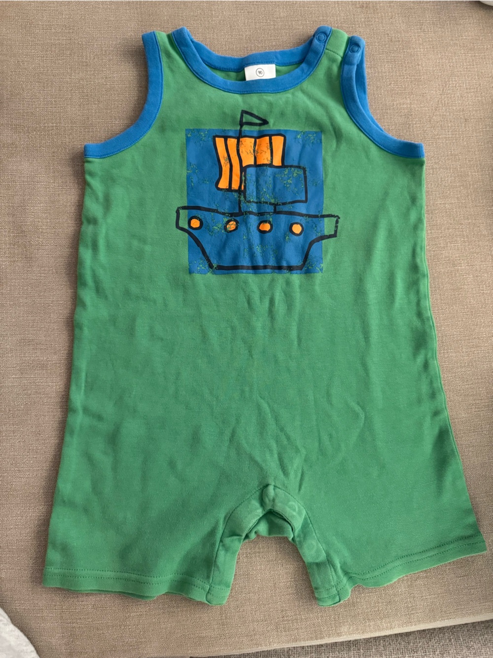 Green Baby Onesie with Blue Trim and Orange Graphic